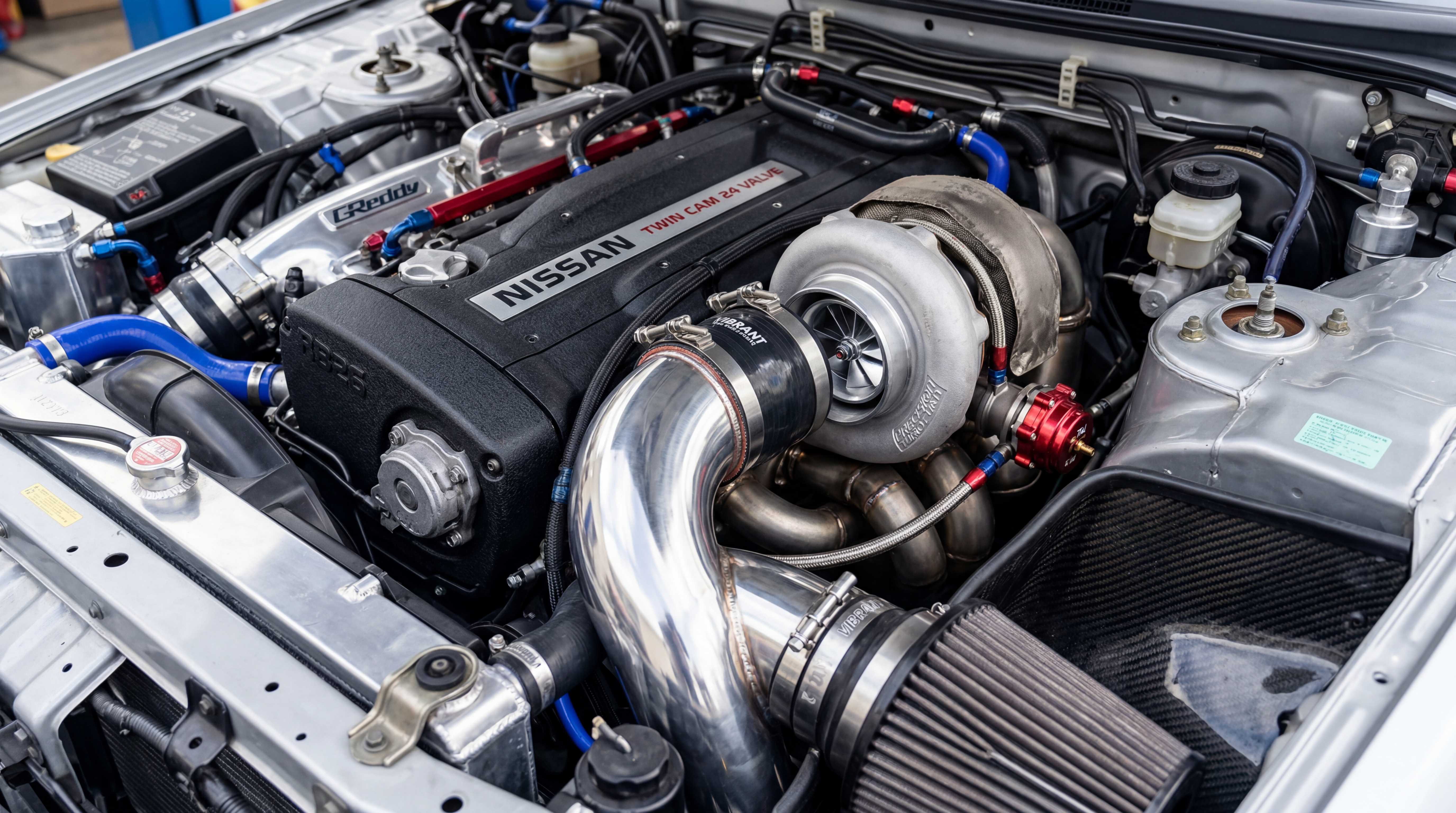 Performance turbo engine bay with turbo inlet pipe, cone air filter, polished aluminum piping and large turbocharger